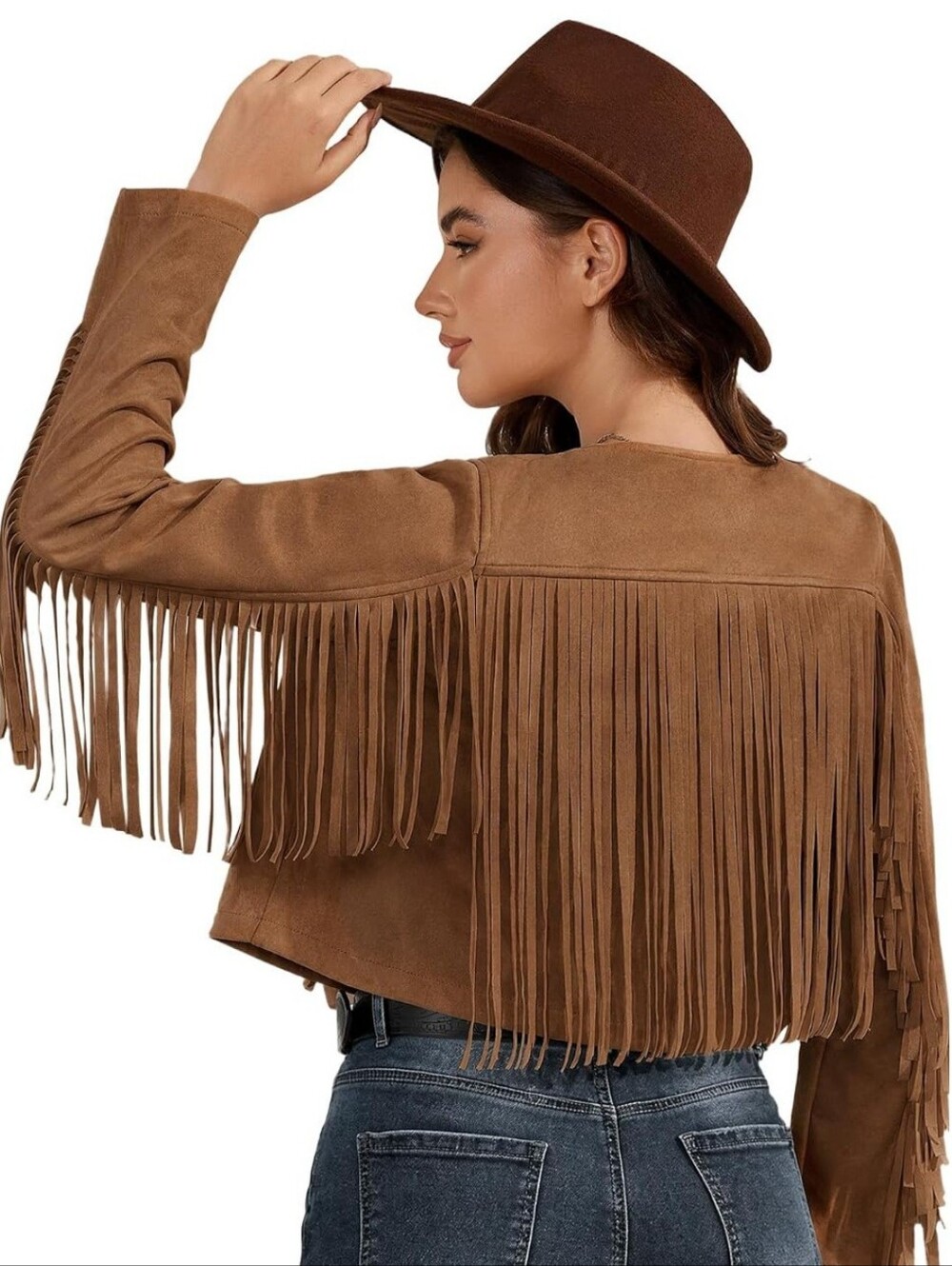 New Faux Suede Fringe Jacket Brown Western Cowgirl Cropped Size Medium